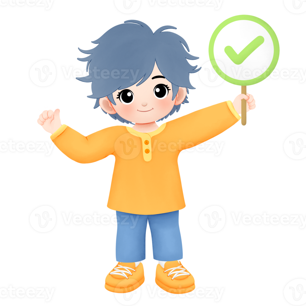 boy with orange outfit carrying correct sign with thumbsup or ok hand gesture watercolor illustration png
