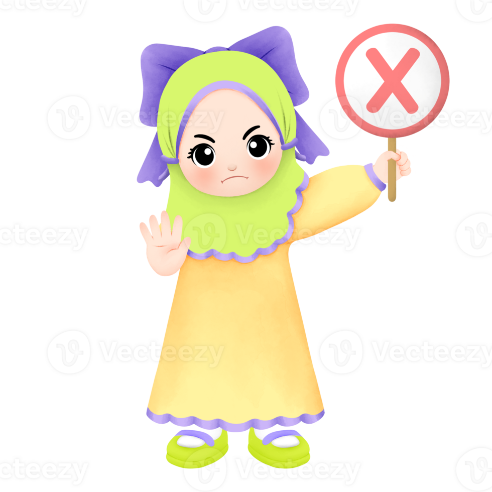 Muslim girl with green hijab and yellow dress carrying cross sign with stop or no hand gesture watercolor illustration png