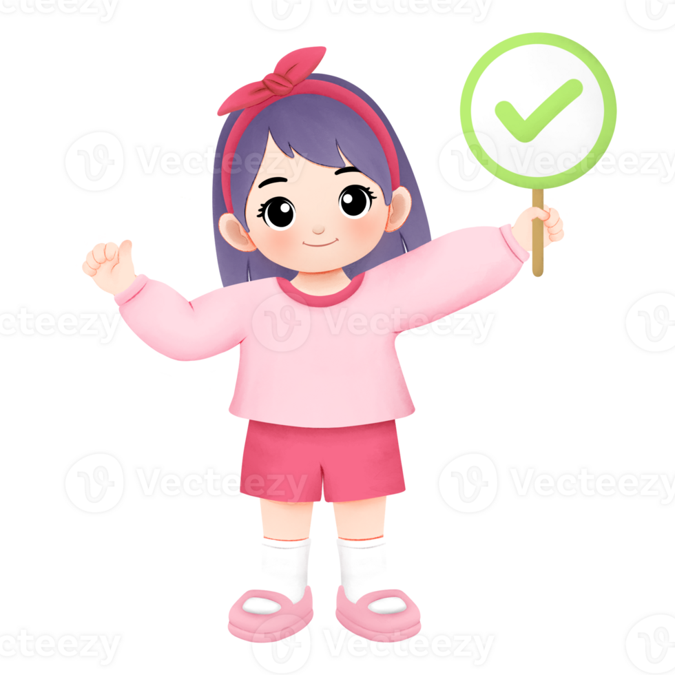 Pink girl carrying correct sign with thumbsup or ok hand gesture watercolor illustration png