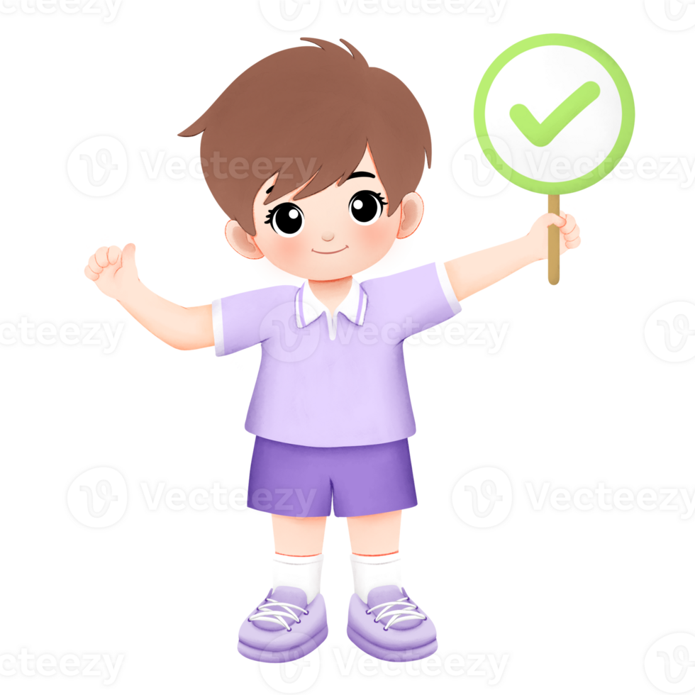 Kid worth purple outfit carrying correct sign with thumbsup or ok hand gesture watercolor illustration png