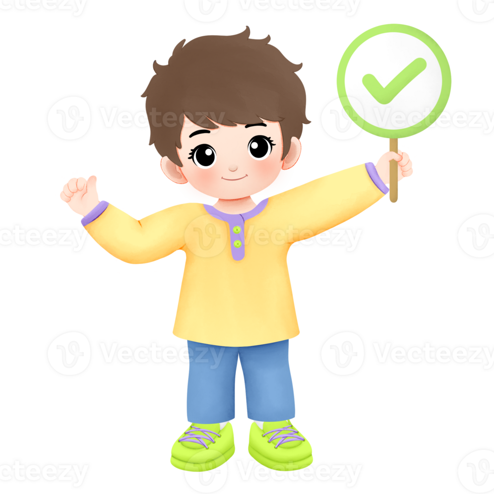 Kid with Yellow outfit carrying correct sign with thumbsup or ok hand gesture watercolor illustration png