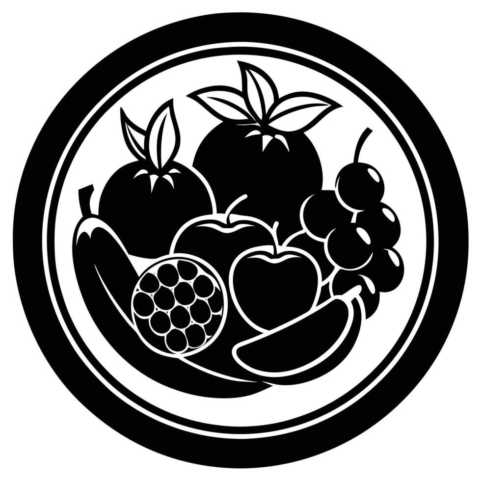 Black and white fruit and vegetables in a round shape vector