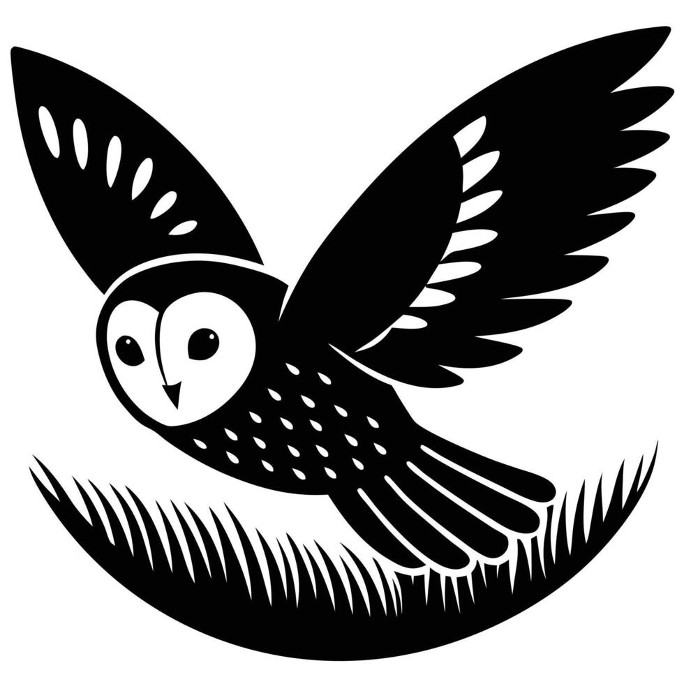 An owl flying over grass in black and white vector