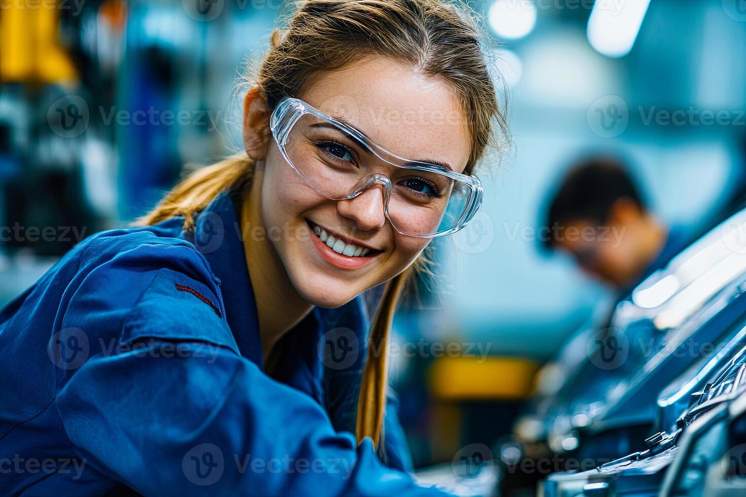 Smiling Female Engineer in Safety Glasses photo