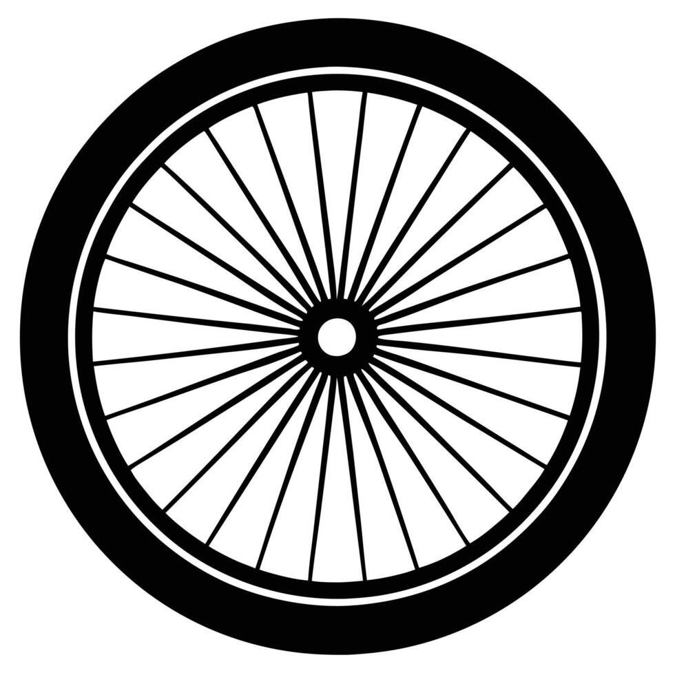A bicycle wheel is shown in black and white vector