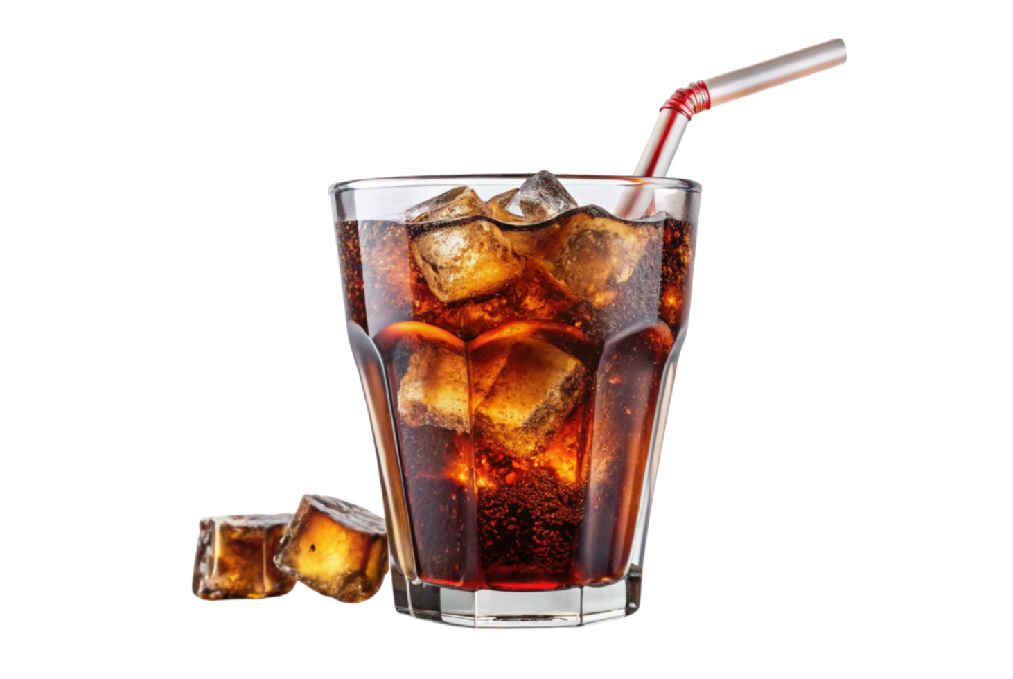 Drawing of a glass with a cola and drinking straw beside colorful fruits png