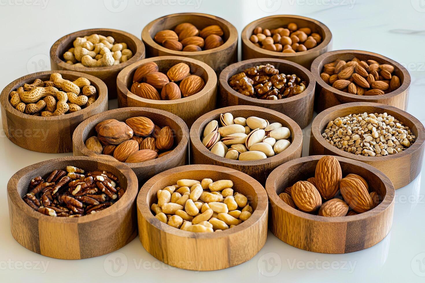 Assorted Nuts and Seeds in Wooden Bowls photo