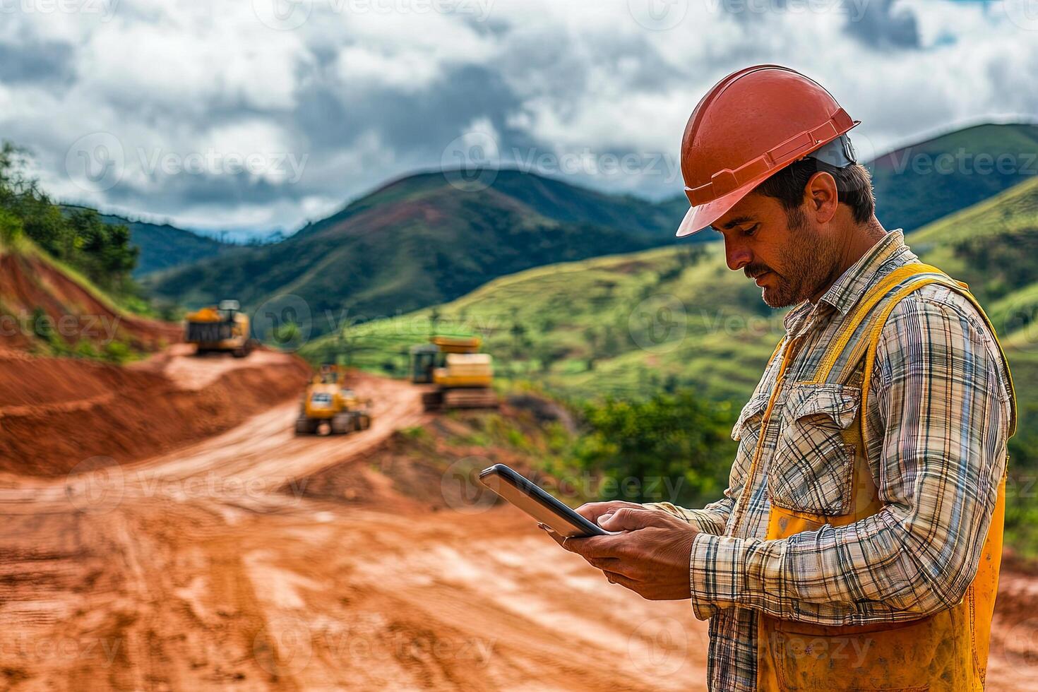 Construction Worker in helmet Using Tablet photo