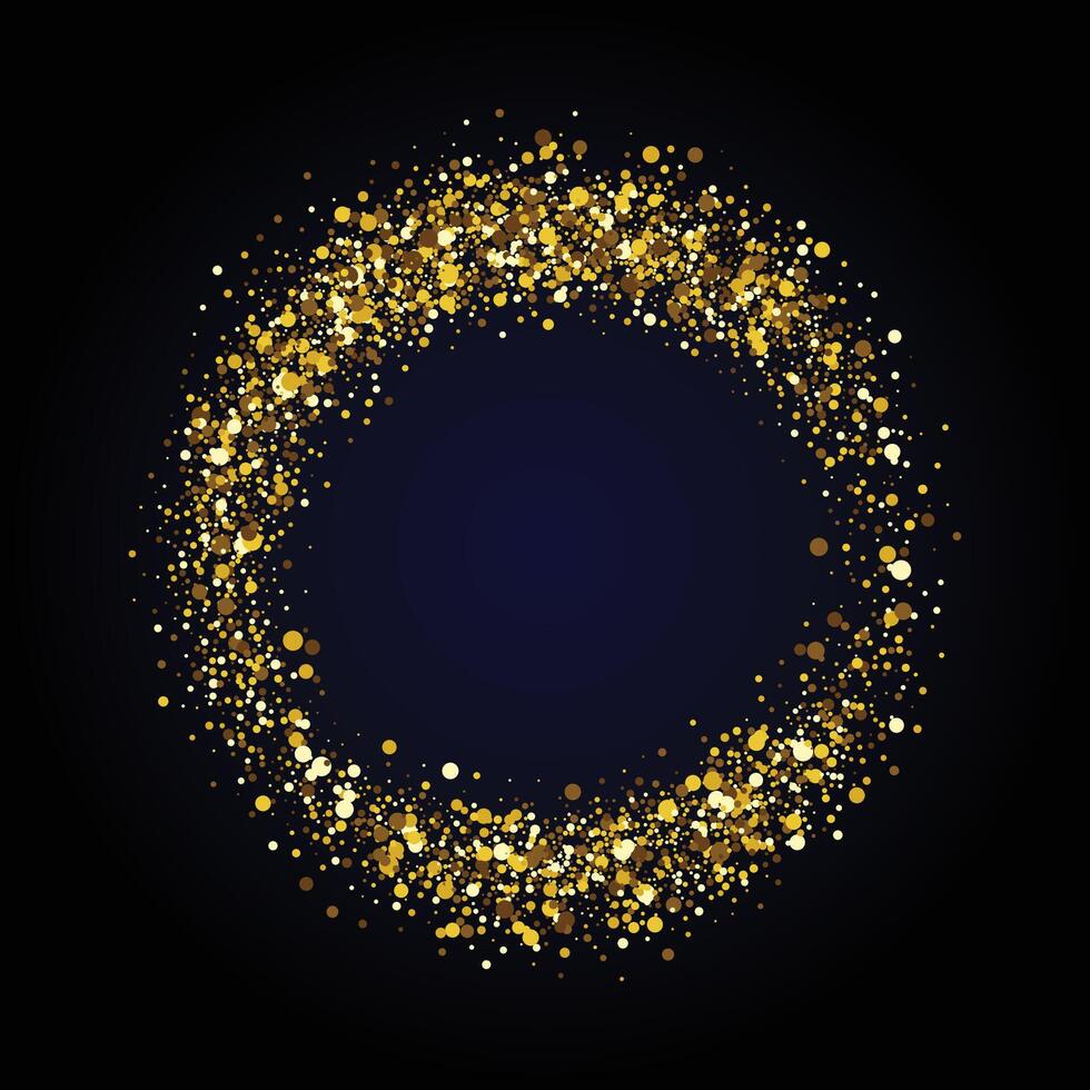 Gold shiny round glitter shape. Frame for photo or mirror. Halftone pattern of dots. Abstract luxury background. Disco ball. illustration isolated on dark backdrop. vector