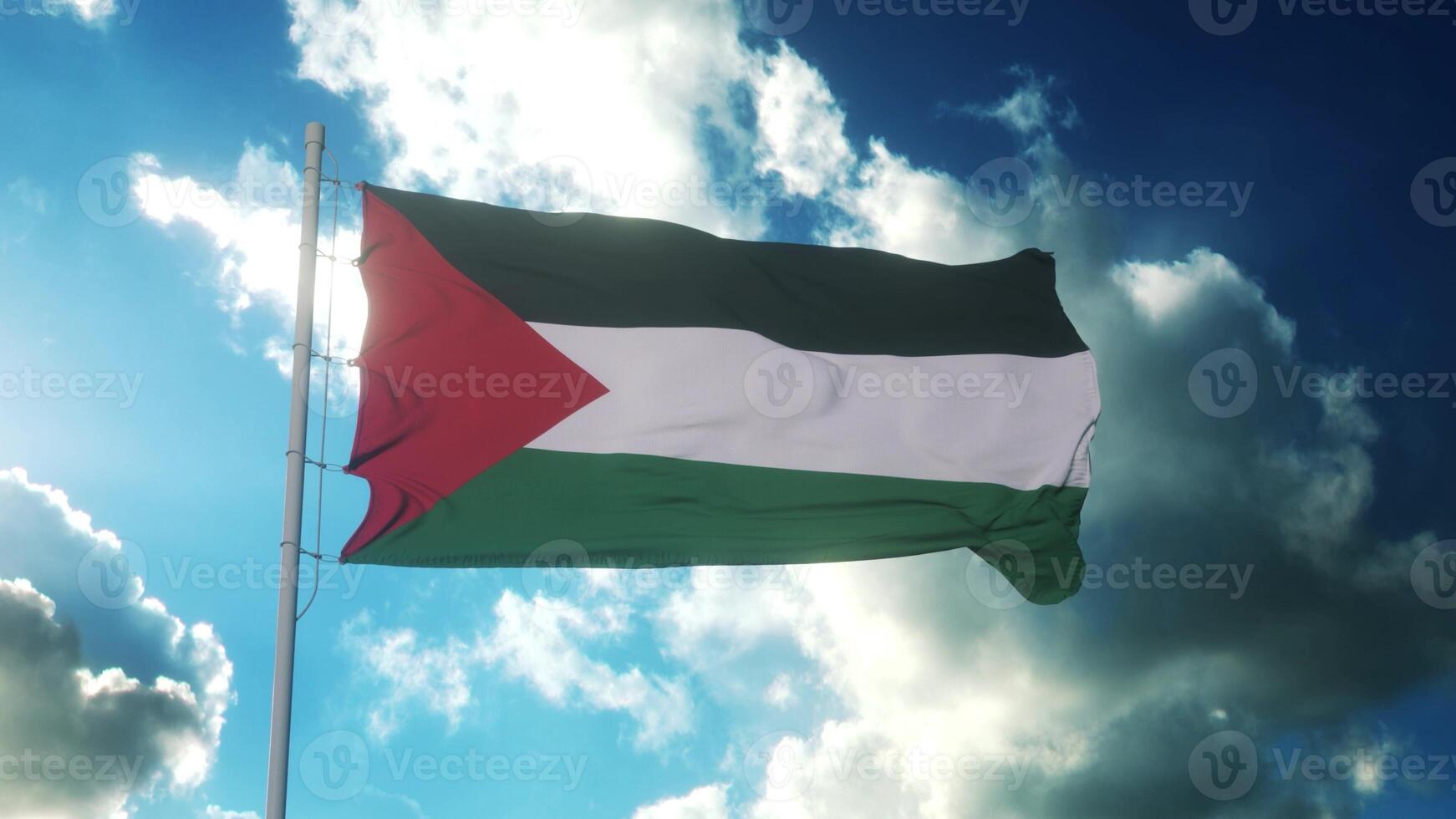 Flag of Palestine Waving in the wind, Sky and Sun Background. 3d illustration photo