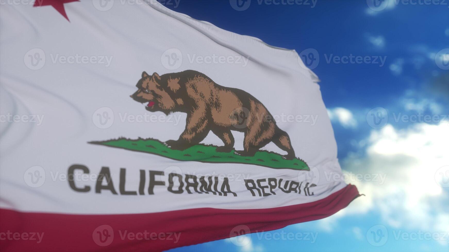 State flag of California waving in the wind. Blue sky background. 3d illustration photo