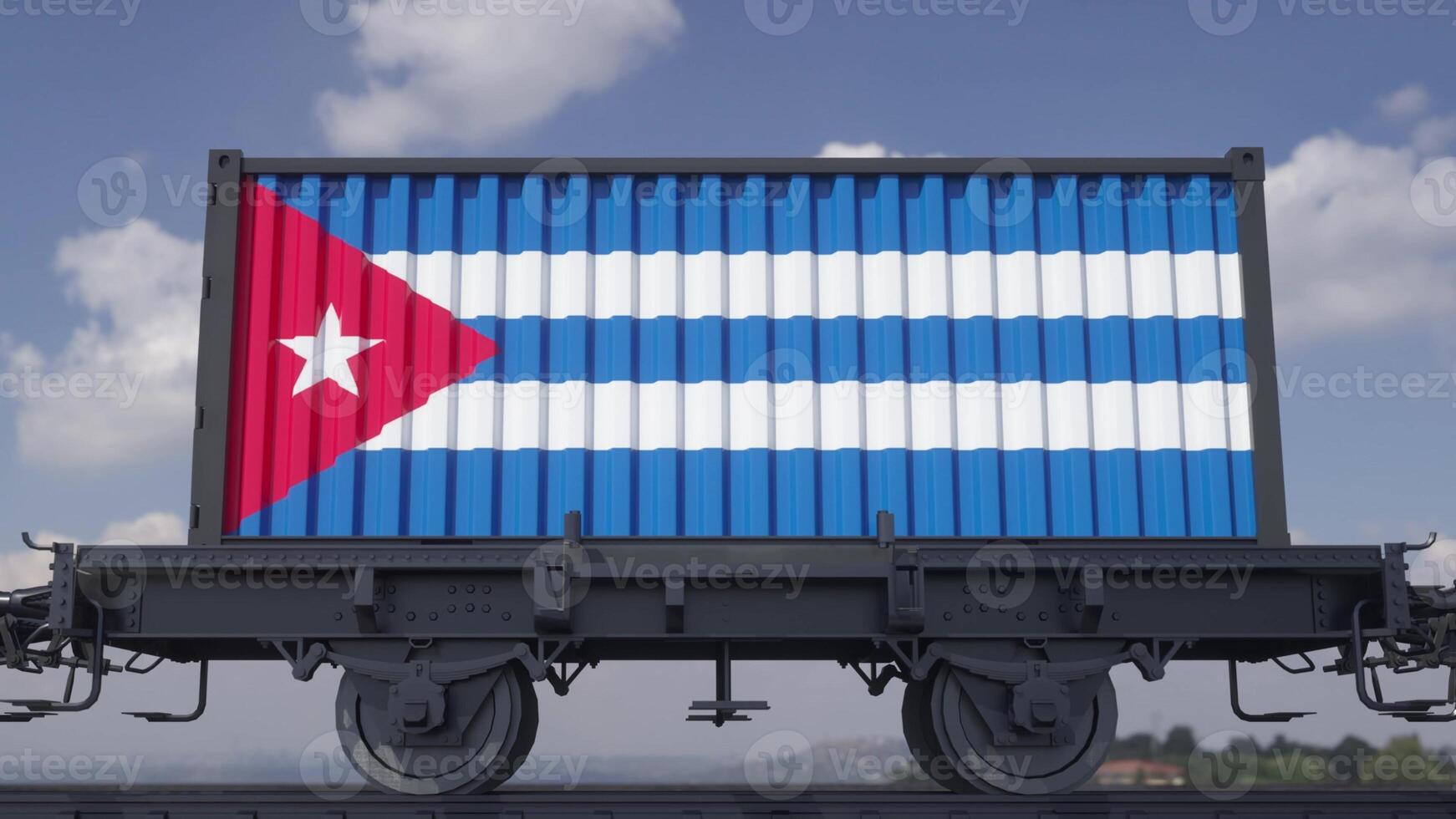 Train and containers with the flag of Cuba. Railway transportation. 3d illustration photo