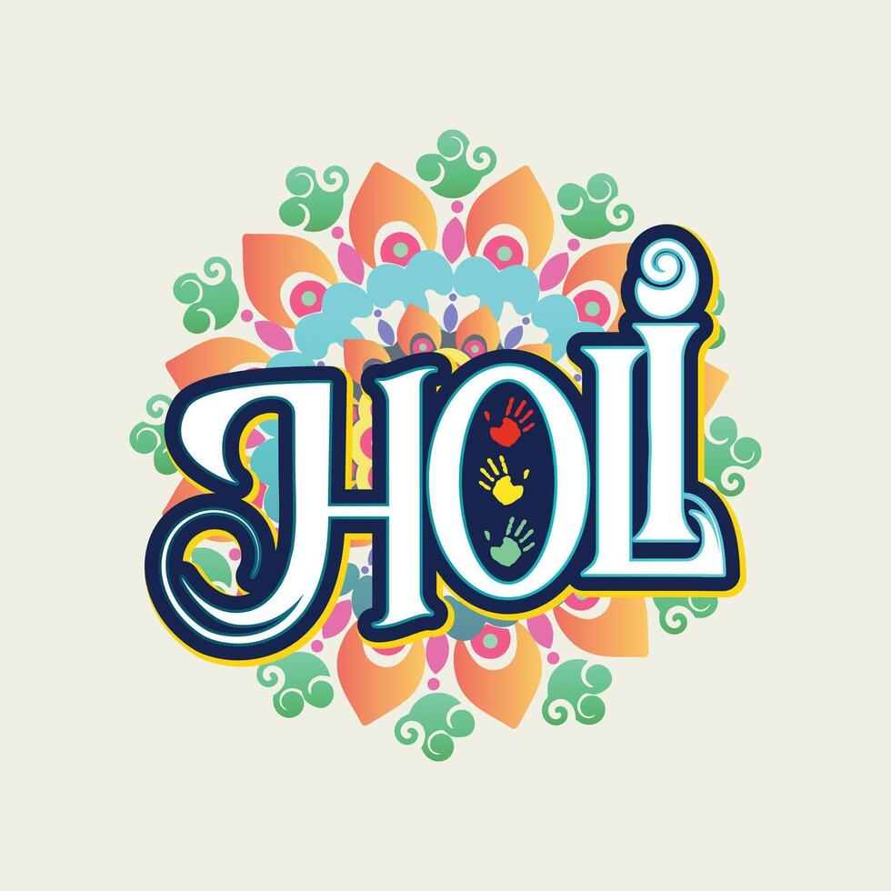Hand Drawn Happy Holi lettering greeting card for the Indian festival. Vibrant Holi background featuring a decorative mandala. vector