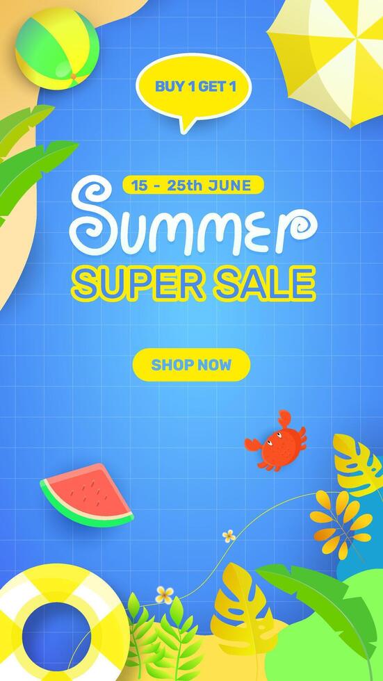 Vertical Happy summer super sale banner designs. Suitable for Horizontal posters, greeting cards, and website headers. vector