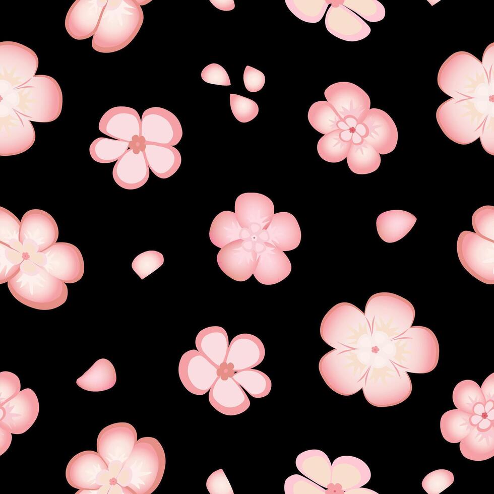 Spring seamless pattern with sakura flowers on black background. Pink flowers of Japanese cherry, or apple flowers. vector