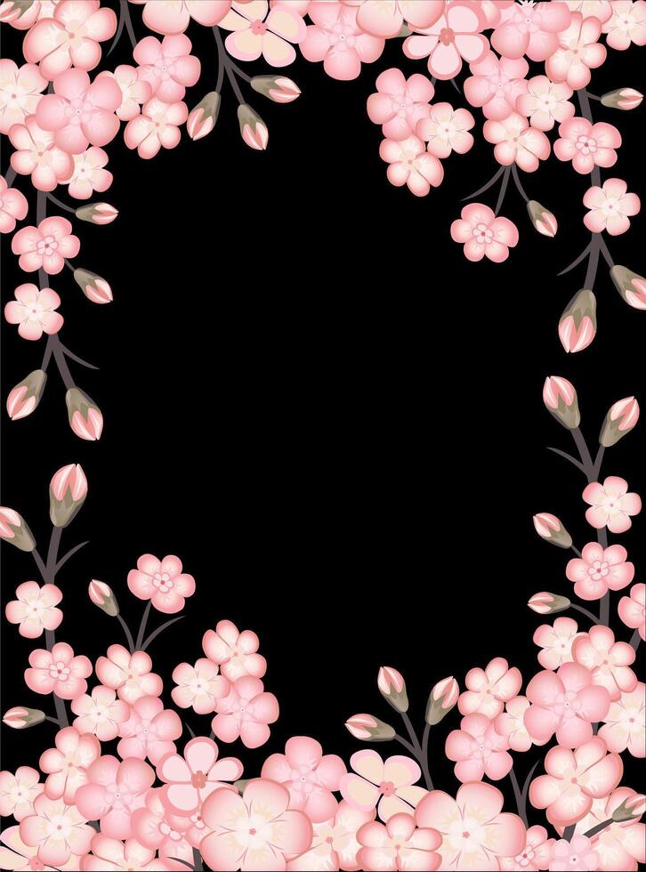 Spring background with blossoming sakura branch, branch of blossoming Japanese cherry on black background. Vertical format A4 with copy space. vector