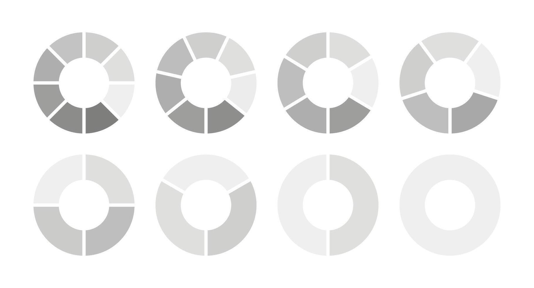 Monochrome diagram with 1, 2, 3, 4, 5, 6, 7, 8 equal sections, steps. Set of pie, pizza charts. Circle icon for UI, web design, business presentation, infographic, statistic, analytics. Coaching blank vector