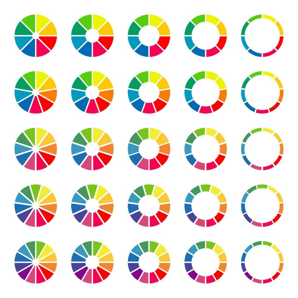 Donut charts, pies segmented on 8, 9, 10, 11, 12 equal parts. Wheels divided in sections. Diagrams infographic multicoloured set. Circle section minimalist graph. Pizza chart round icons. Loading bar. vector