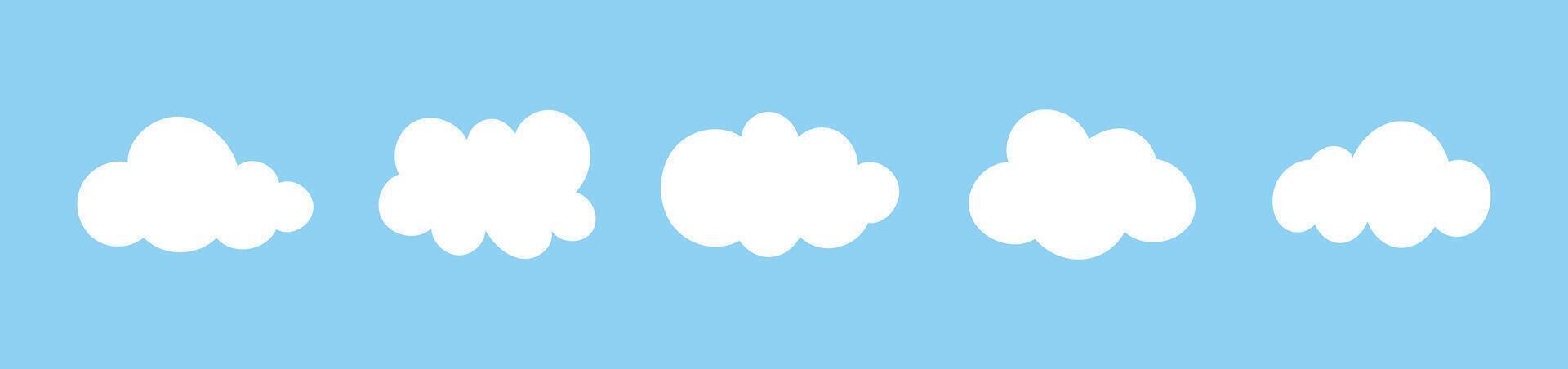 Clouds in blue sky. Puffy, fluffy, cumulus clouds on blue background. Cloudy shapes mockup. Weather simple elements template. Objects cloudscape layout. Hand drawn abstract icons. vector
