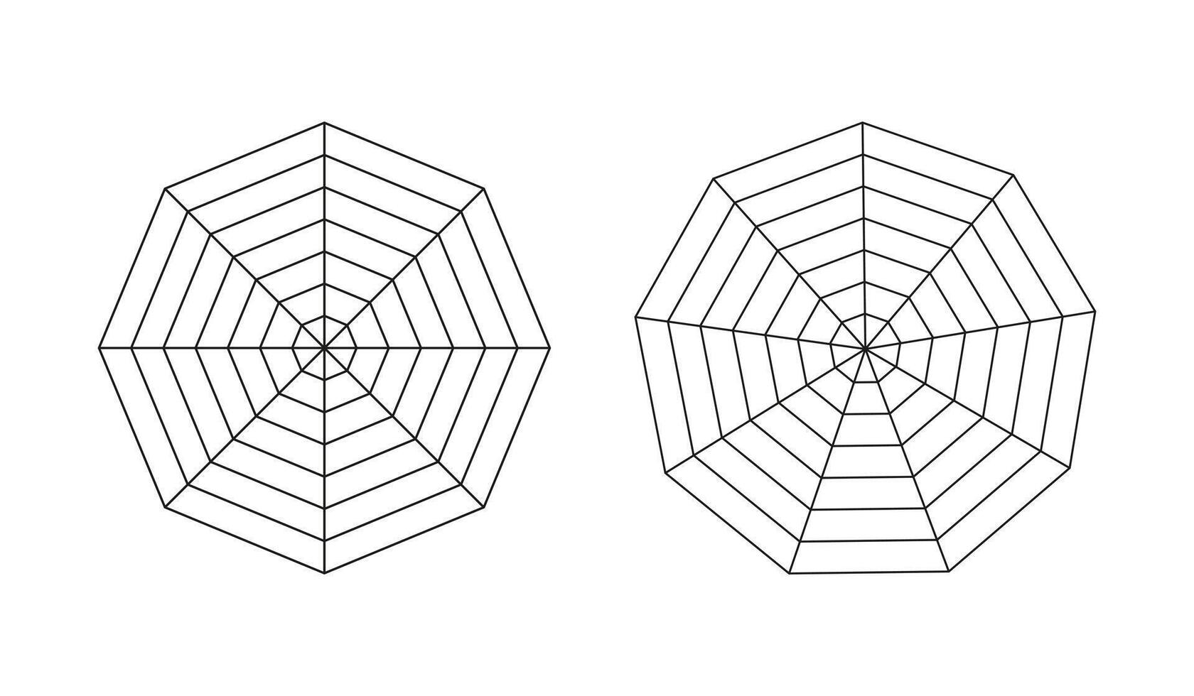 Radar, spider diagram template. Spider mesh. Diagram for statistic, analytic. Polygon graphs. Blank radar charts. Simple coaching tool. Grid with segments. Flat illustration. Octagon, enneagon mockups vector