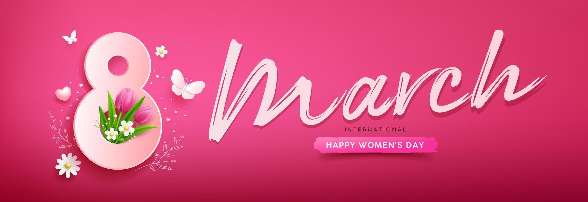 8 March, Happy women's day with tulip flowers and butterfly, banner design on pink background vector