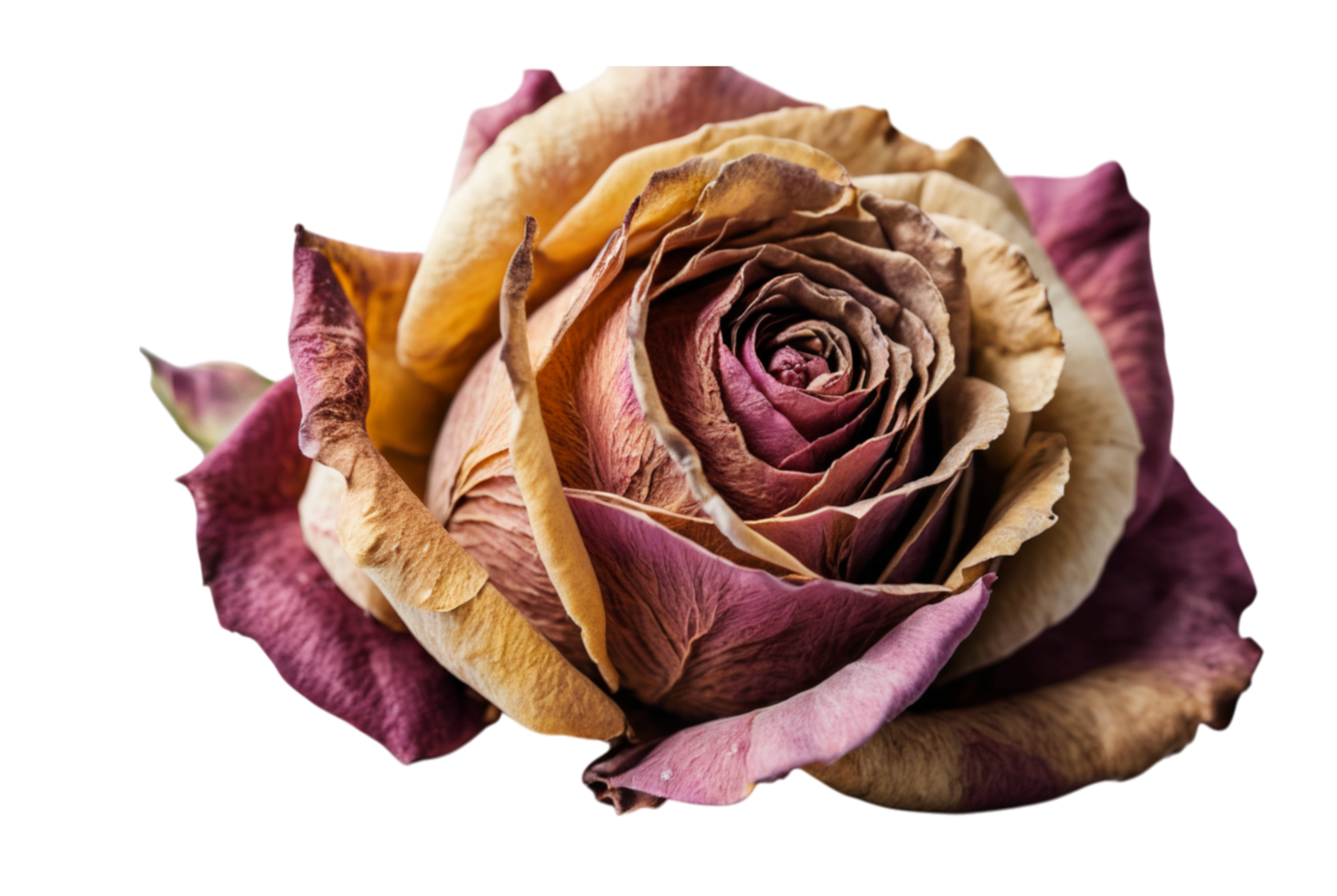 Dried rose with faded colors showing texture and aging petals in natural decay png