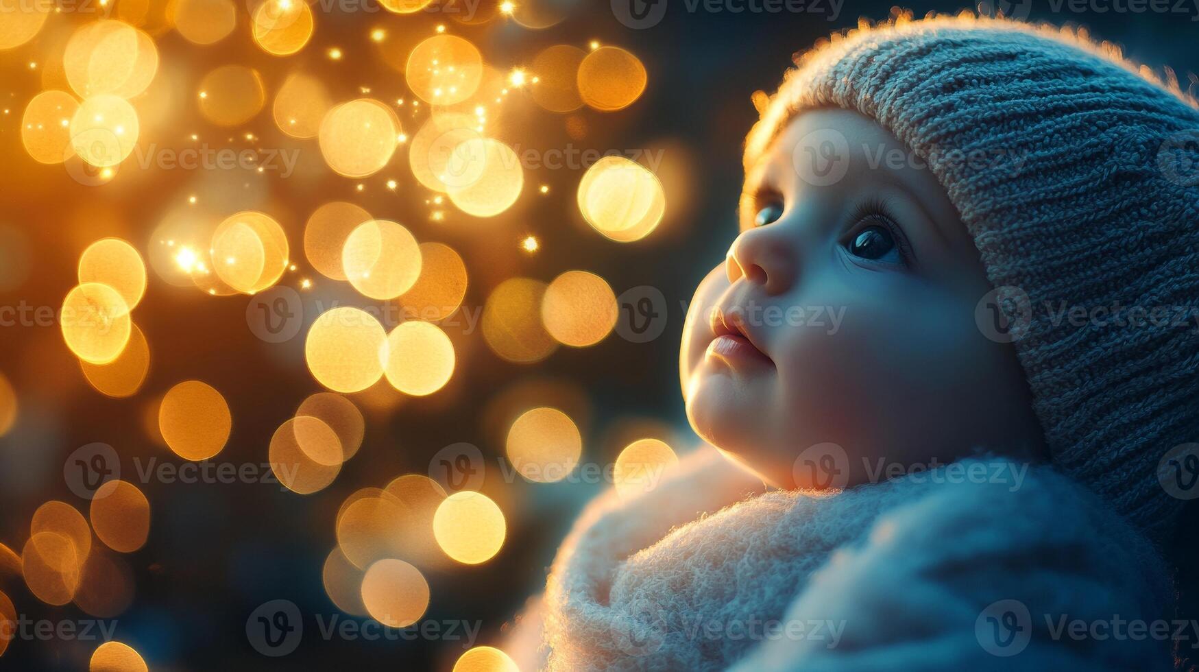 Infant's gaze amidst shimmering lights, A hopeful and dreamlike innocence photo