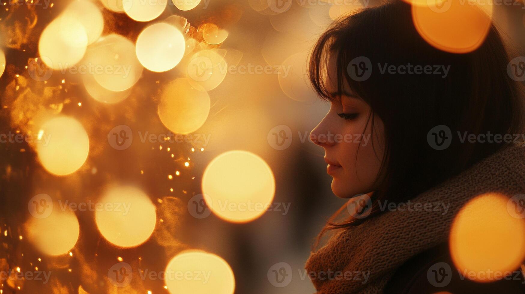 Serene contemplation amidst a cascade of golden bokeh light reflections photo