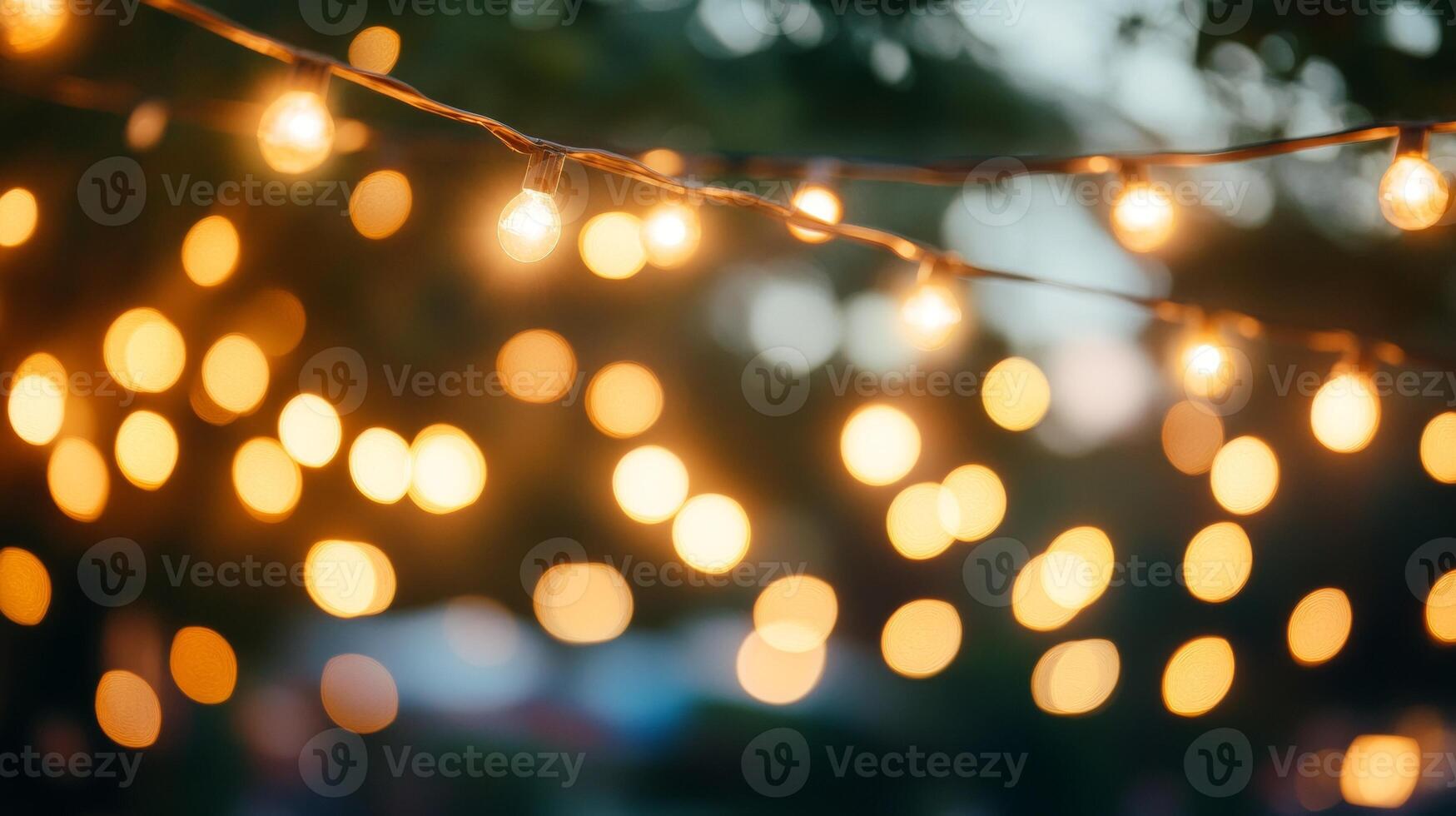 Warm ambient light created by hanging string lights at evening event photo