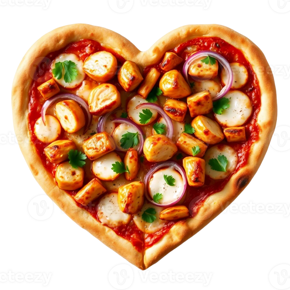 A heart shaped pizza with chicken and vegetables on transparent background high-resolution png