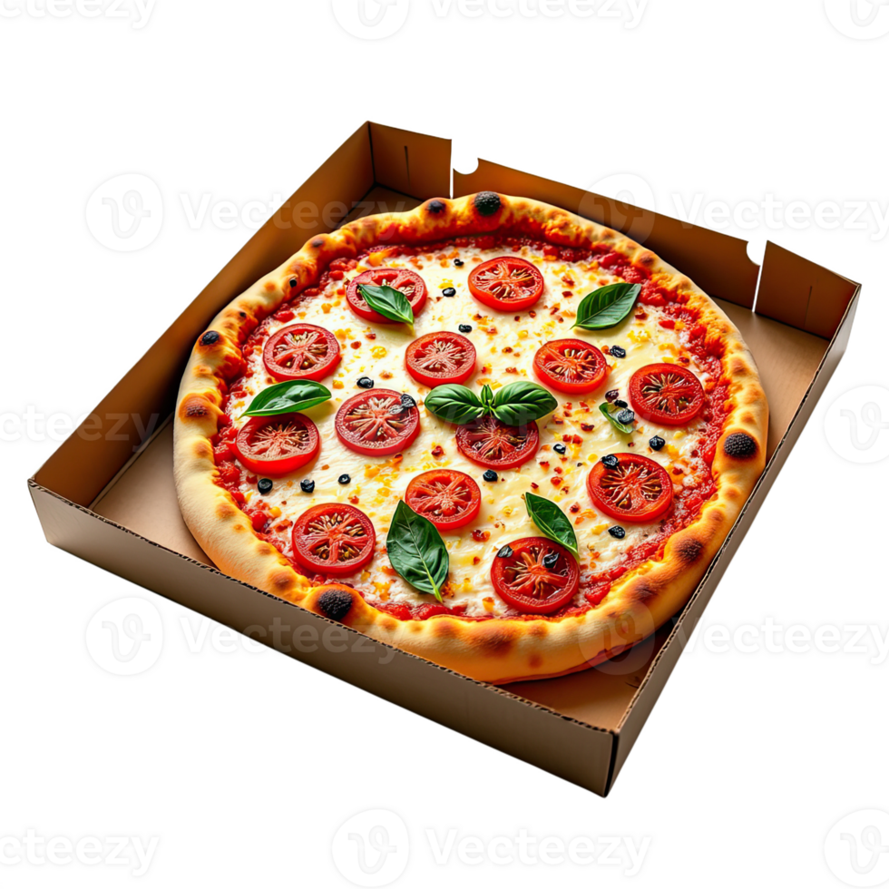 Tasty Cheese Pizza with Tomato in a box on Transparent Background png