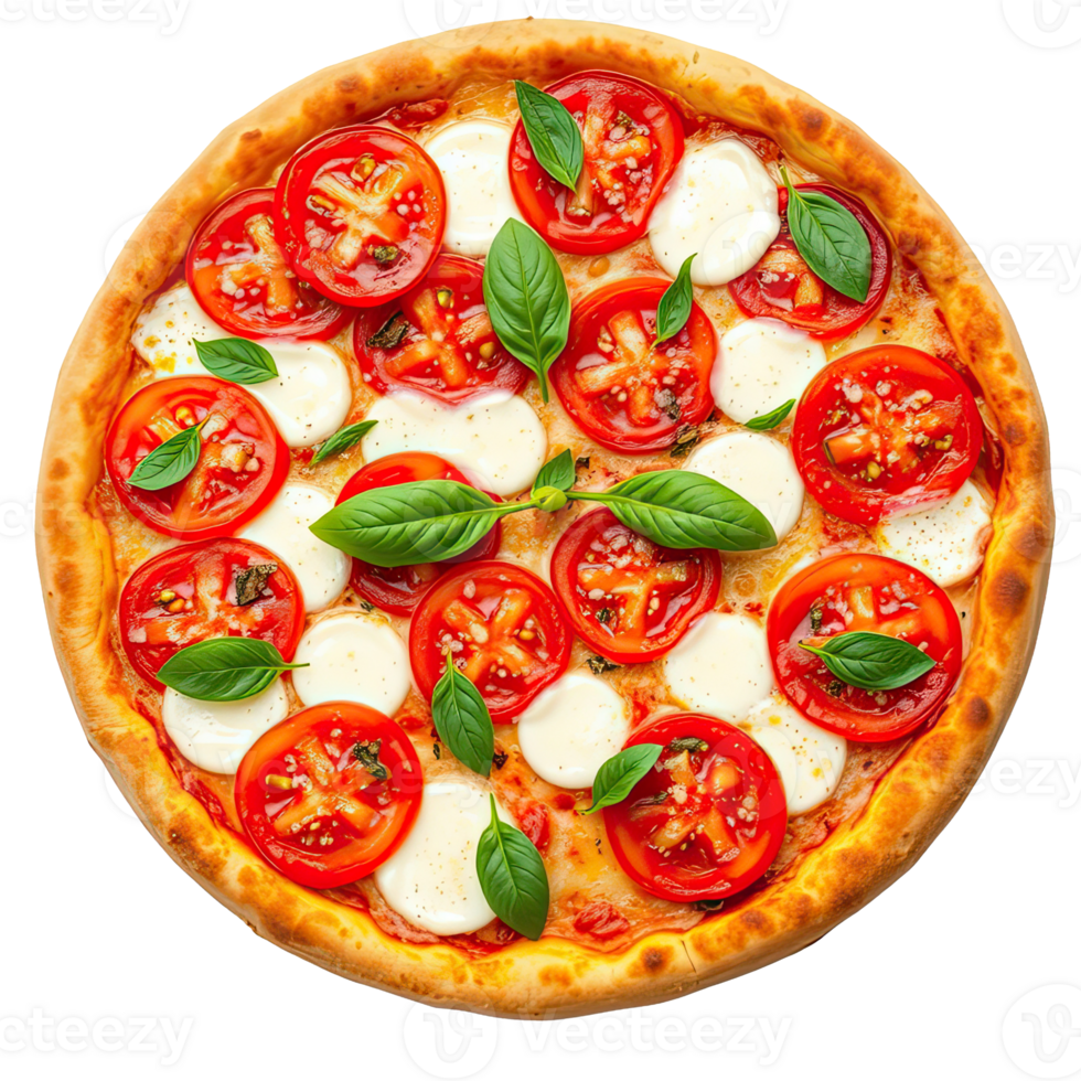 High-Quality 4K Image of Tasty Pizza with tomatoes and mozzarella cheese Isolated on Transparent Background png