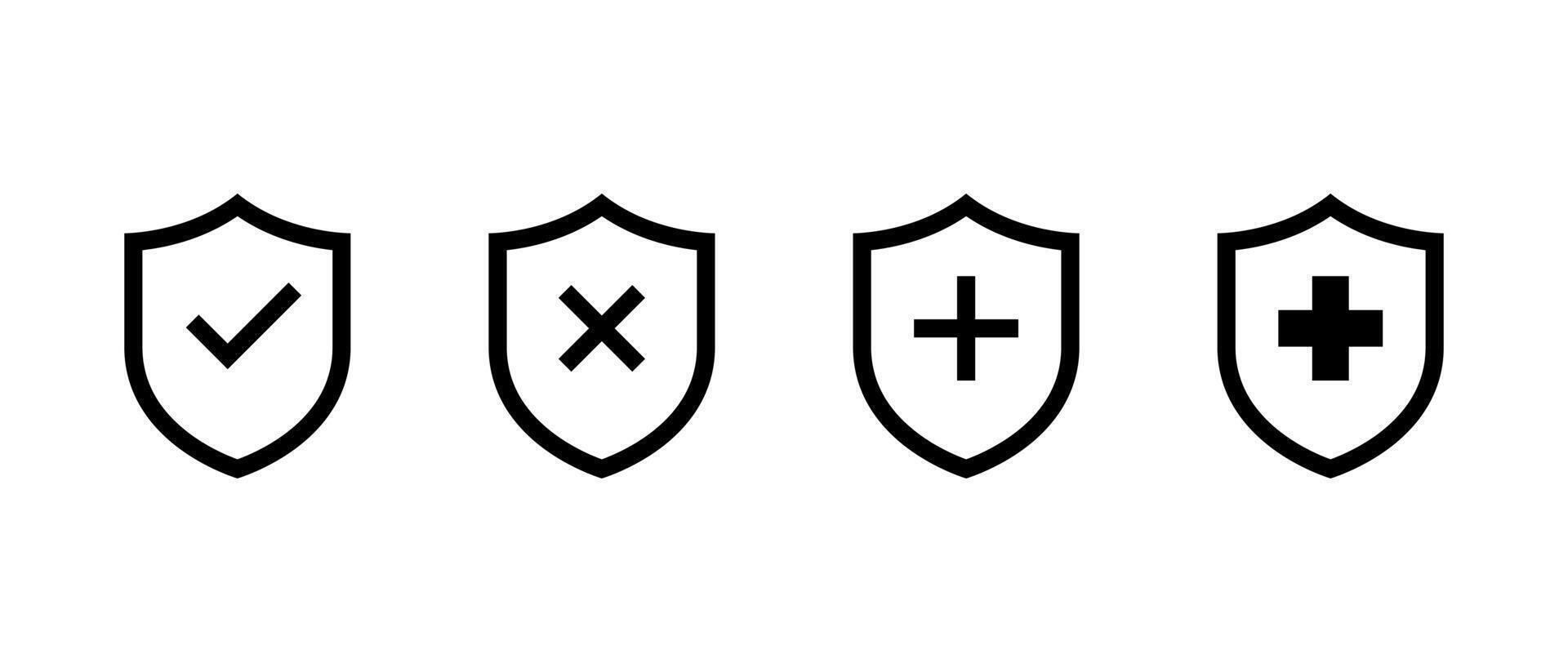 Safe, unsafe, and health badge icon. Shield with check mark, x cross and plus sign symbol vector