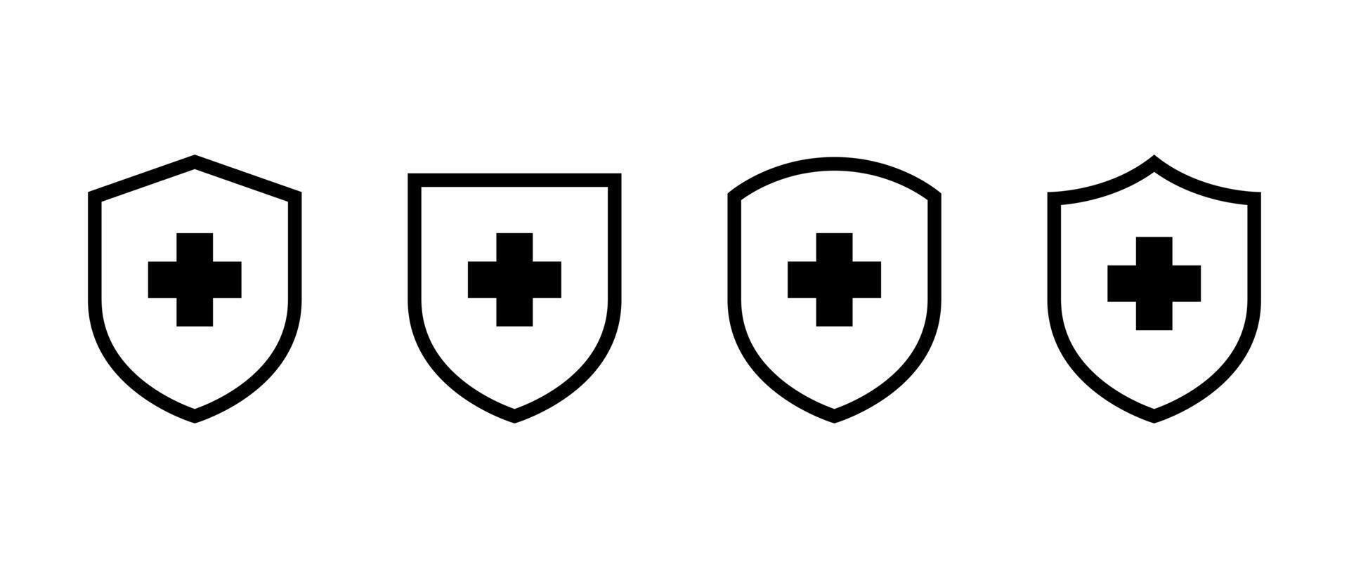 Shield protection outline icon set. Safety, health badge with plus sign symbol vector