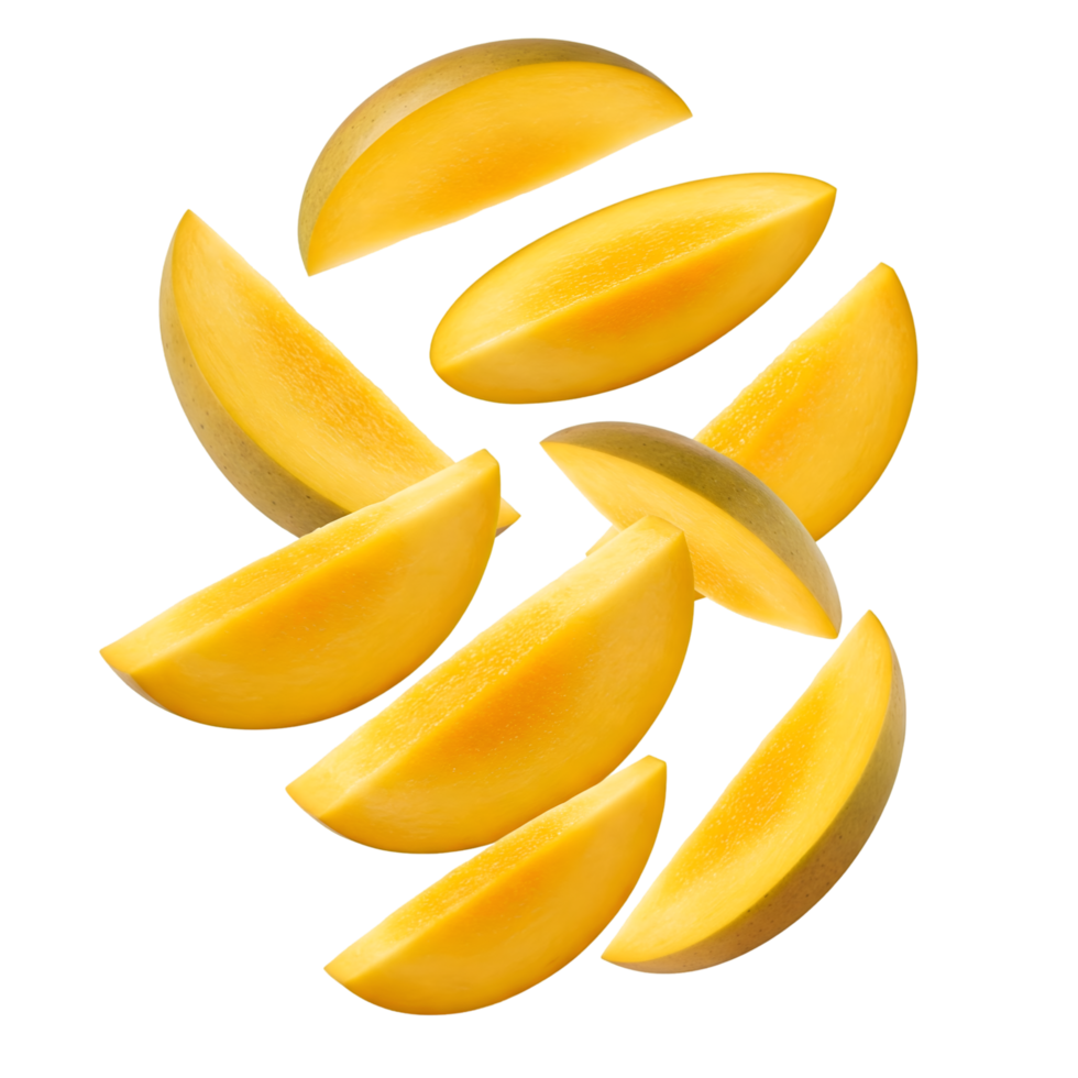 sliced mango falling from above on transparent background. perfect for mango juice products advertisement. png