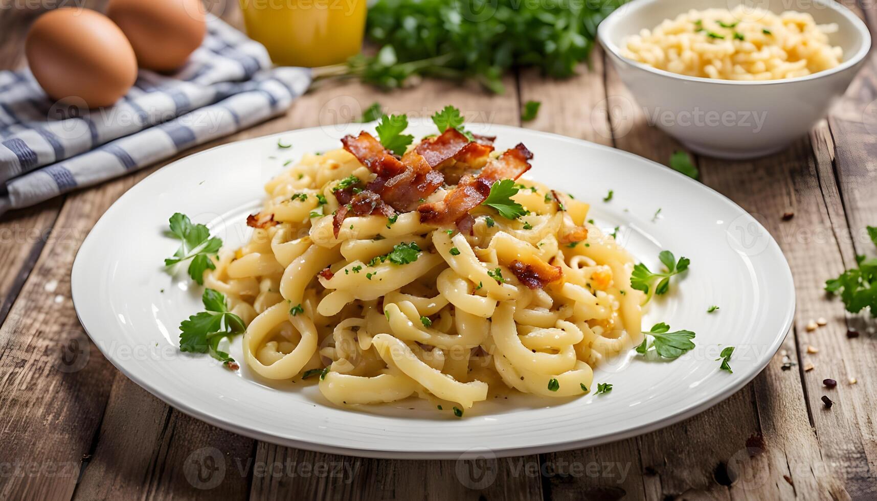 Homemade spaetzle, German egg noodles with cheese, roasted onions, bacon and breadcrumbs, served with parsley garnish on a white plate on a rustic wooden table, selected focus, narrow depth of field photo