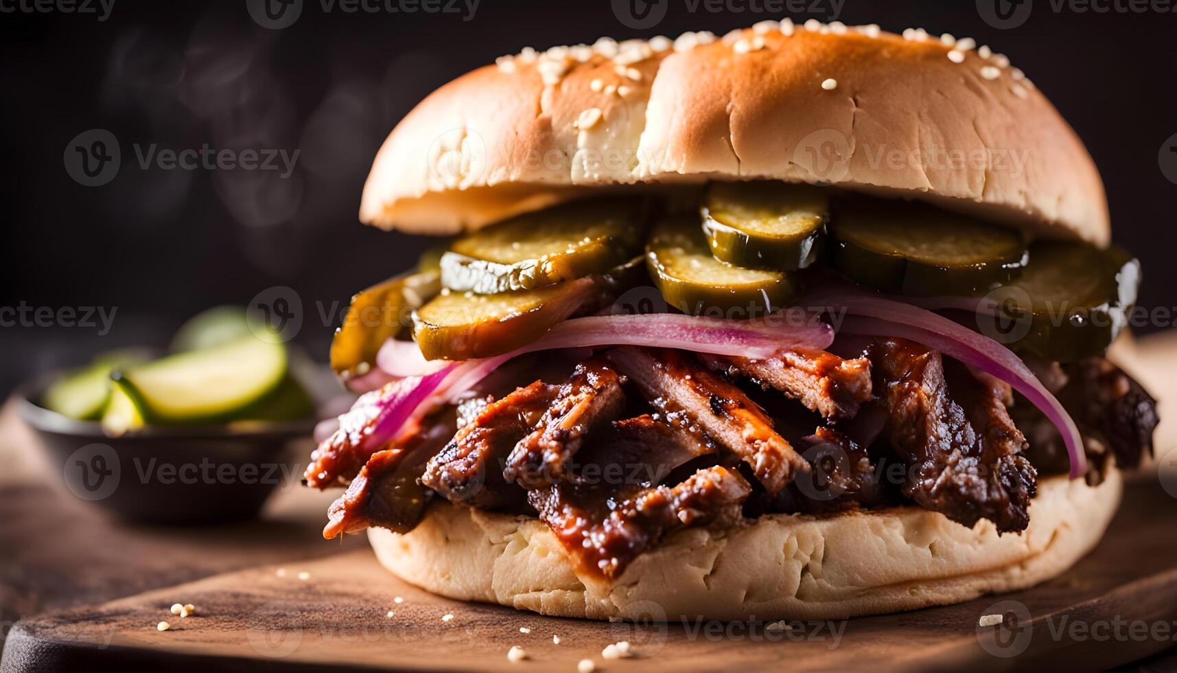 Homemade Smoked BBQ Rib Sandwich with Pickles and Onion photo