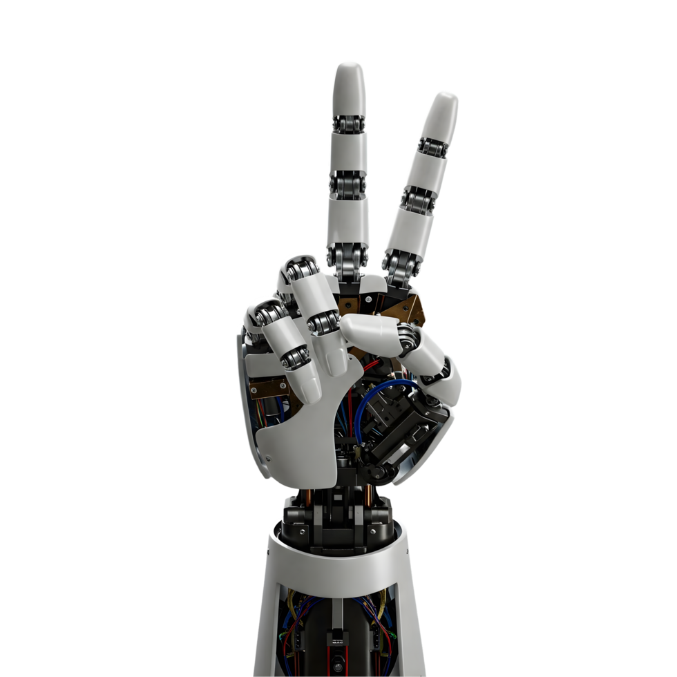 robot hand with peace sign on transparent background png