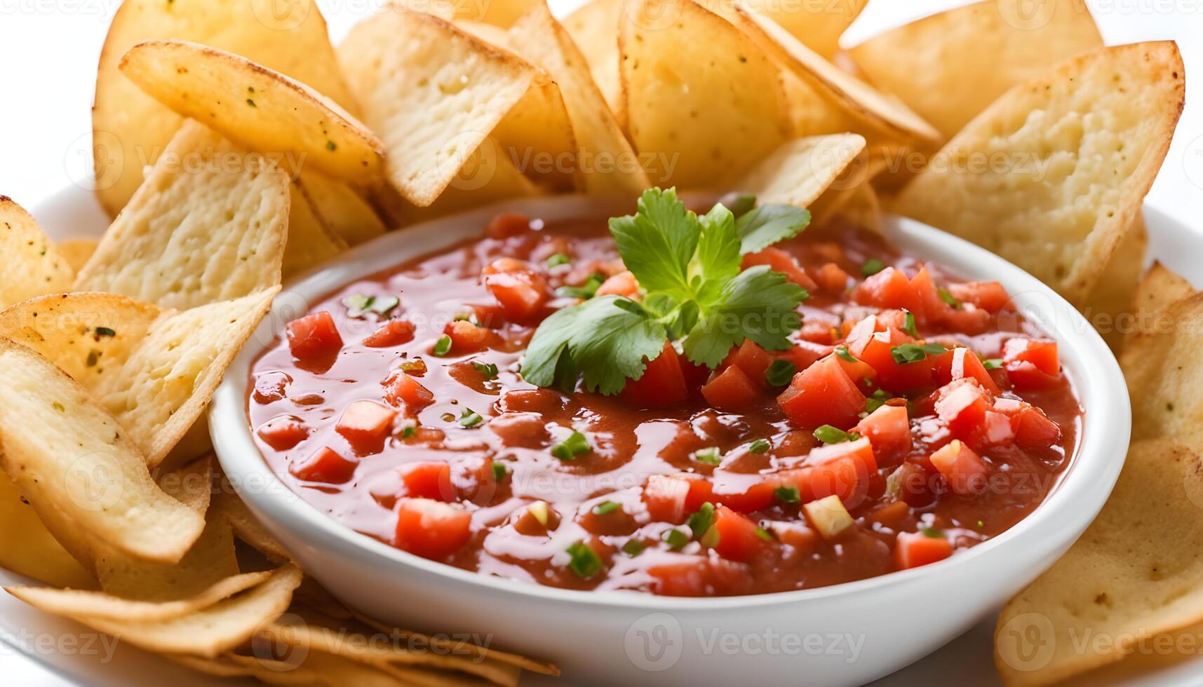Chips and Fresh salsa in a bowl against a white background photo