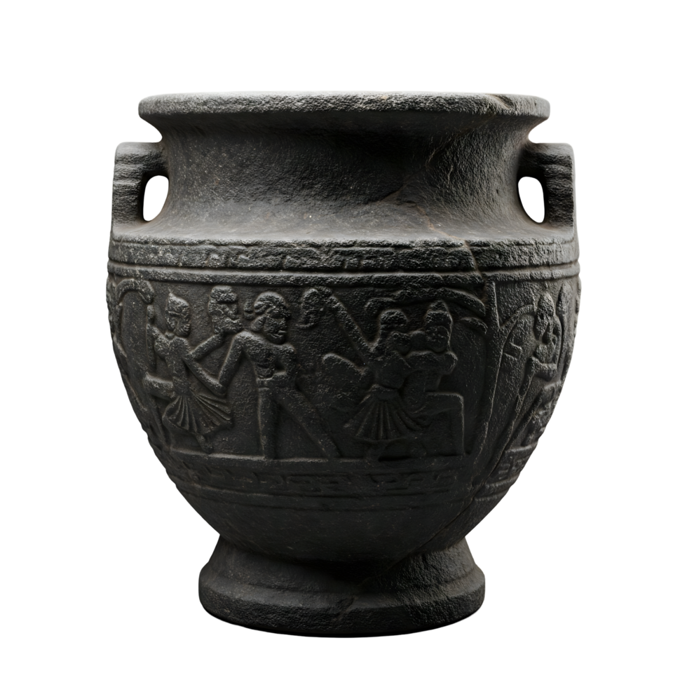 ancient stone vase with carvings on it, transparent background png