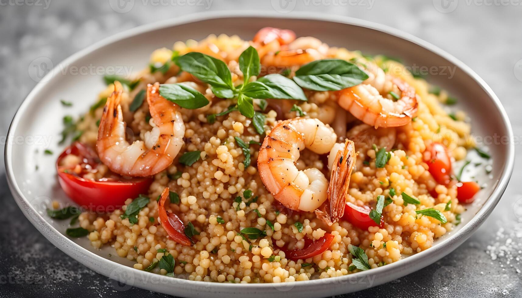 Couscous with fried shrimps tomatoes onions and herbs in a white plate on a gray concrete table top view. Selective focus. Tasty Moroccan food with couscous and seafood. photo
