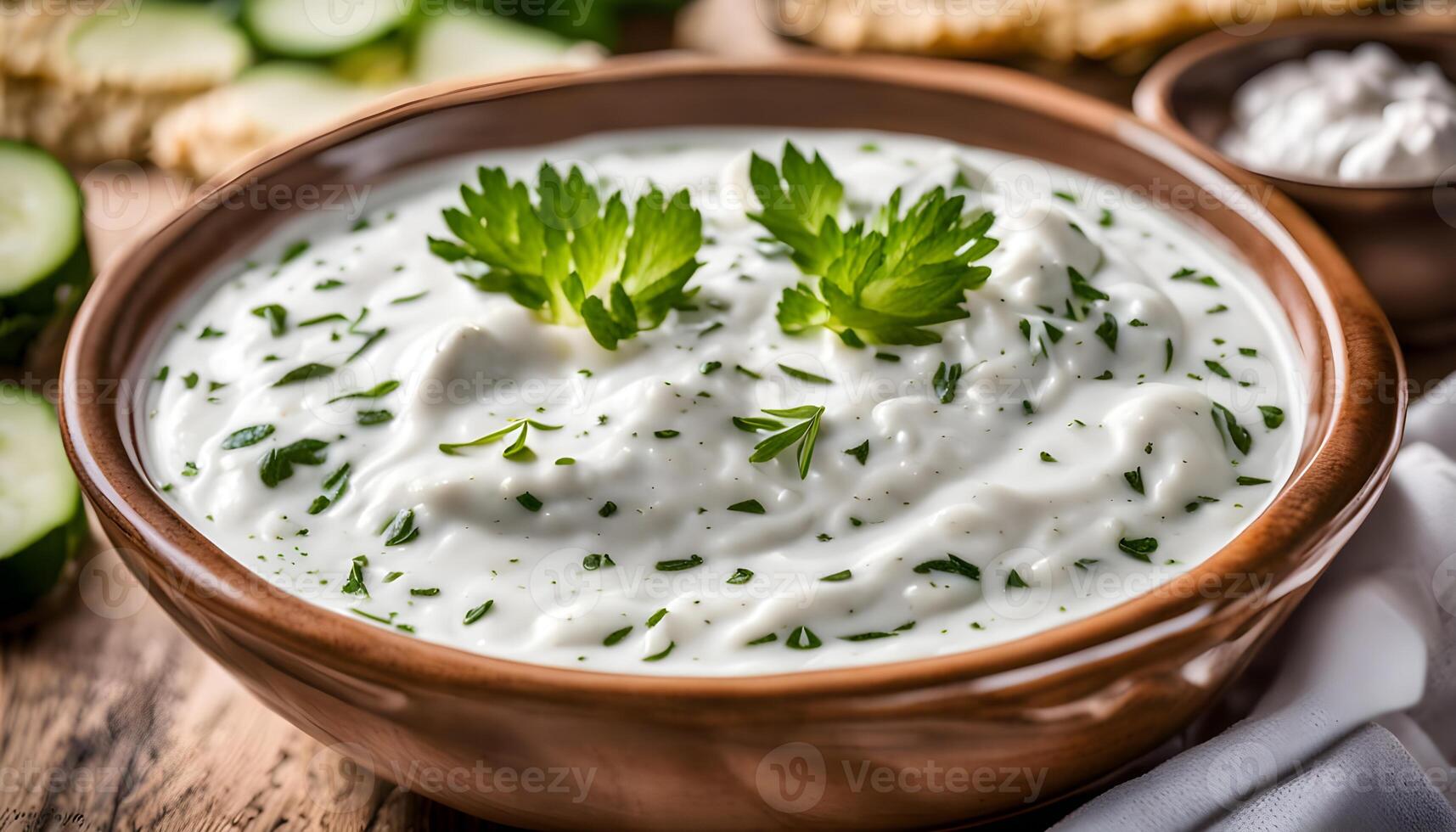 Tzatziki sauce in a gravy boat is a Greek dish based on yogurt, cucumber, garlic and herbs on wood photo