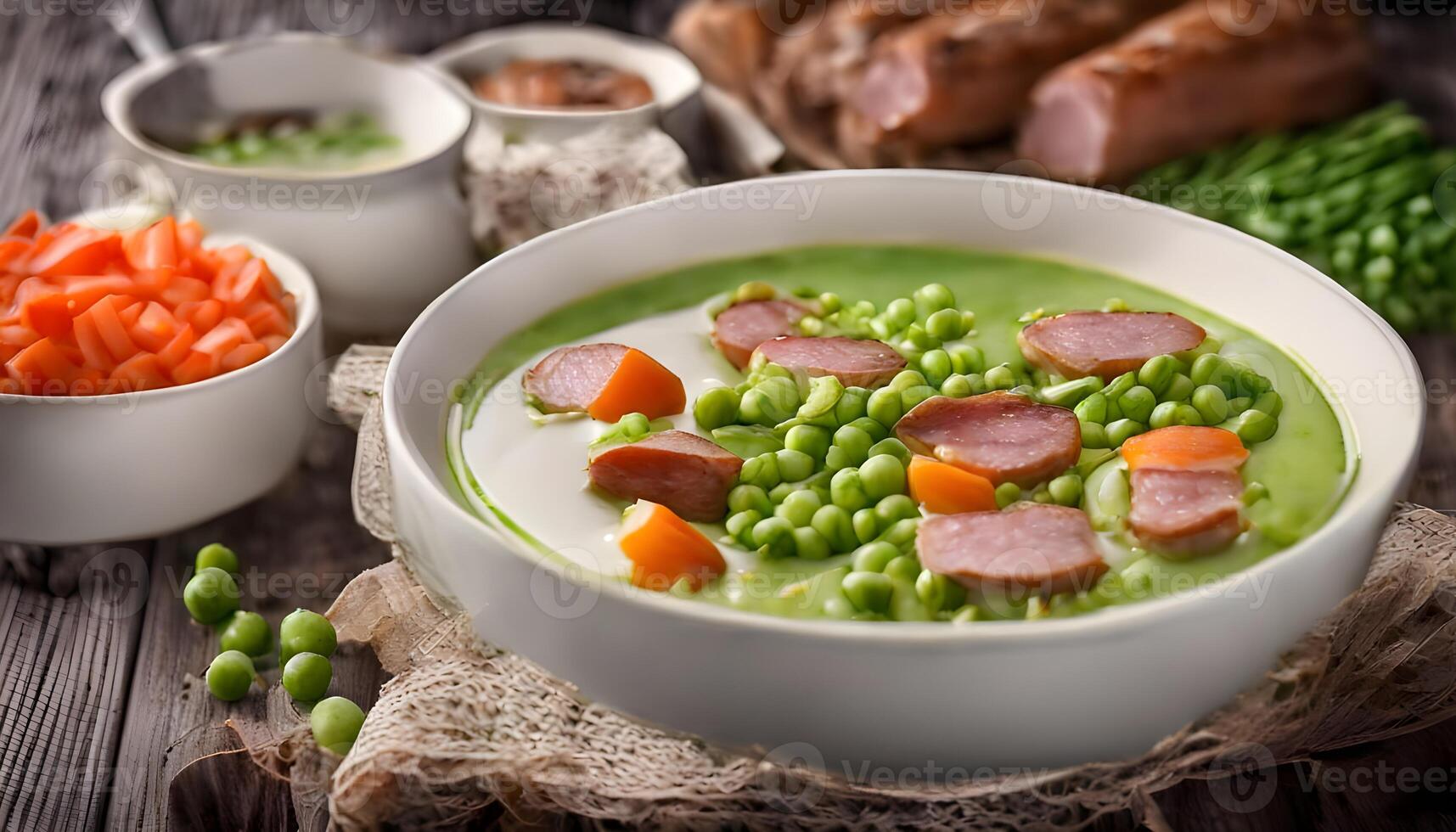 Green pea soup with carrots, potatoes, celery, sausages, pork and bacon in a white bowl on a dark wooden background. photo