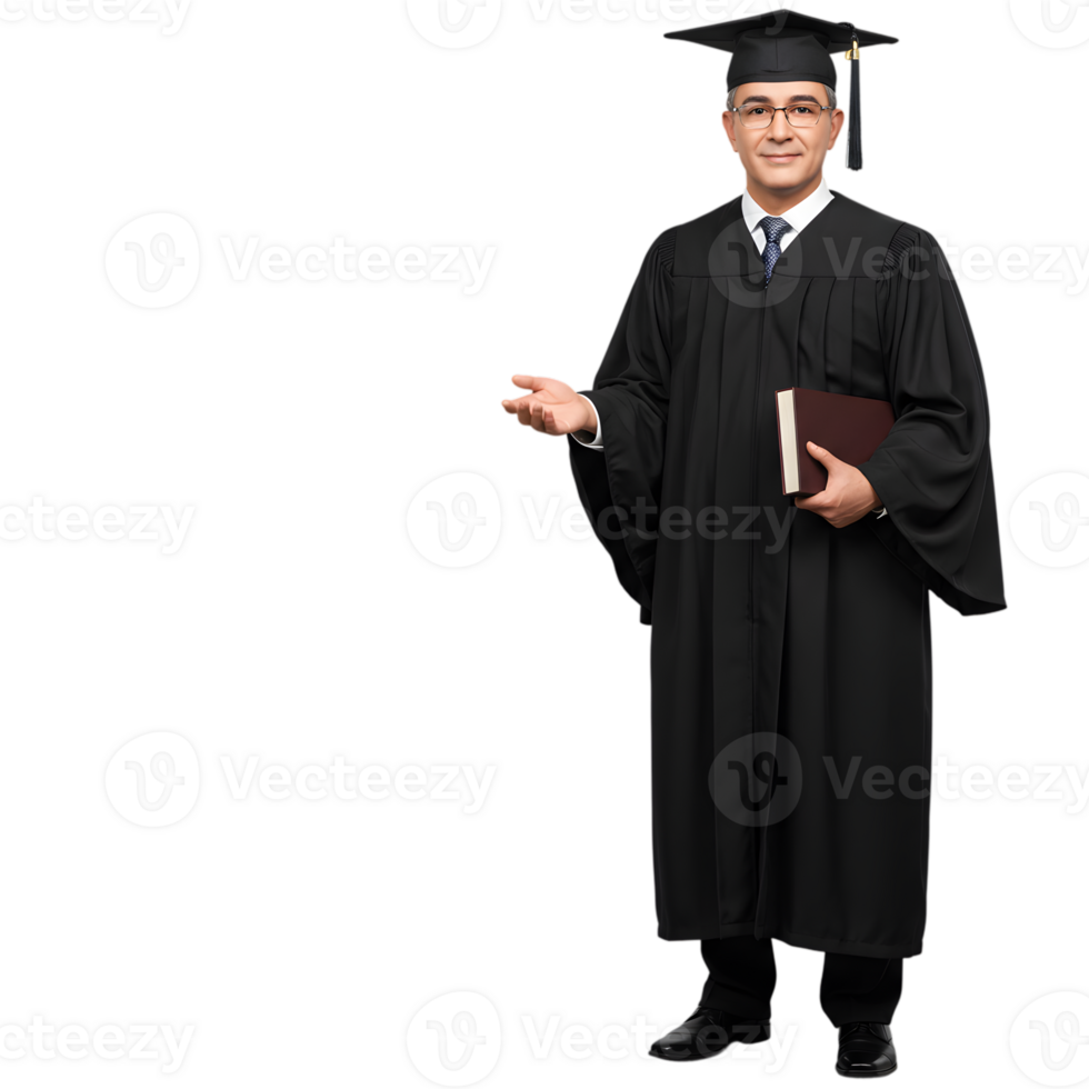 Smiling Graduate Holding Book Inviting Gesture Academic Success Cap Man Gown Male Adult Happy Black png