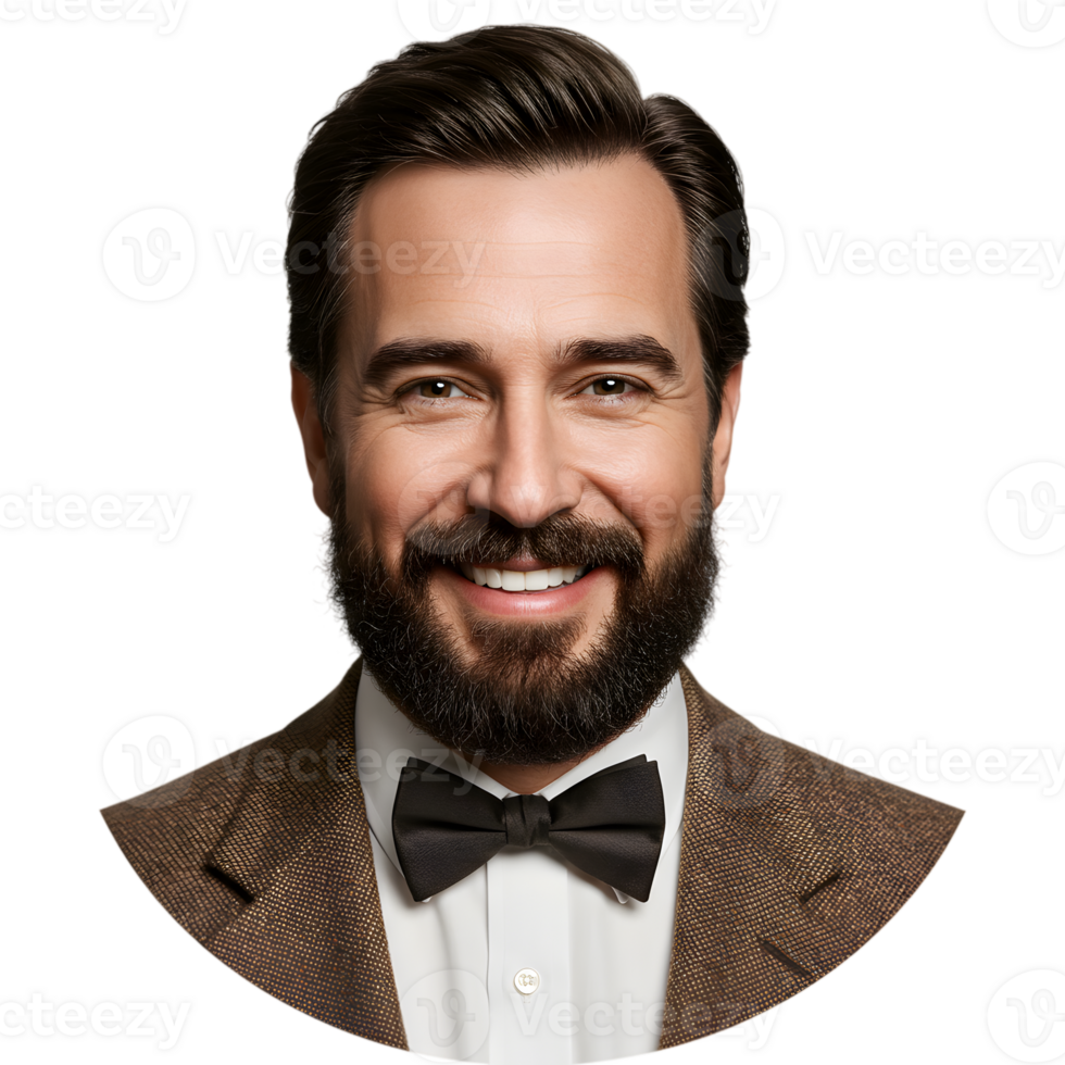 Happy Smiling Man Brown Tweed Jacket Bowtie Portrait Face Beard Model Style Image Studio Formal png