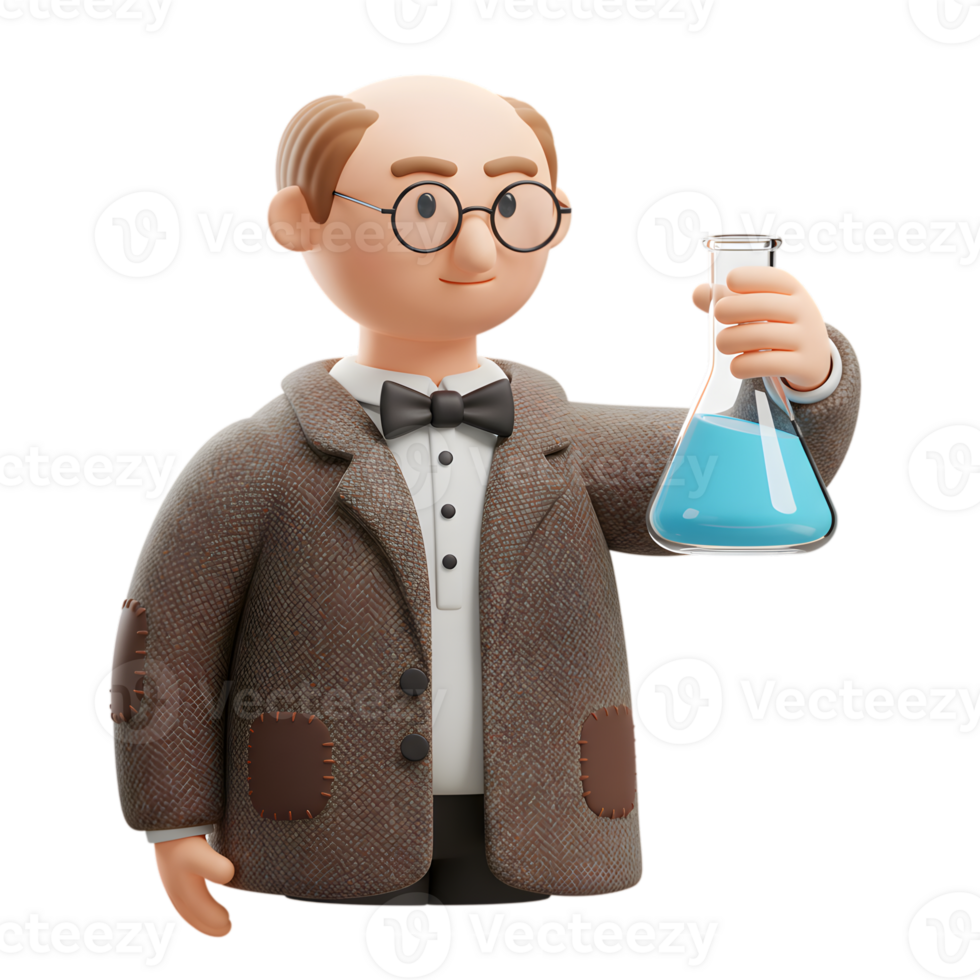 Cartoon Scientist Holding Beaker Blue Liquid Science Experiment 3D Study Wisdom Doctor Medical png