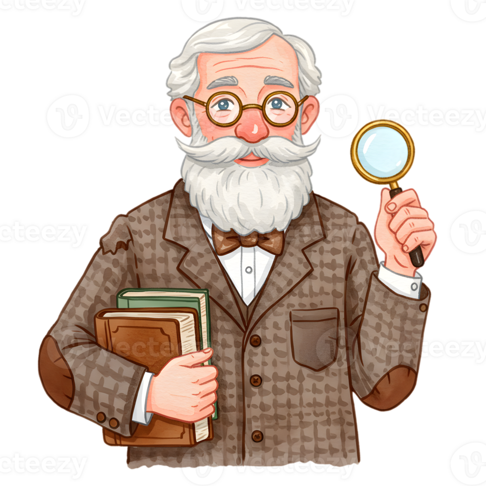 Elderly Professor with Books and Magnifying Glass Illustration Man Wise Study Retro Cartoon Vintage png