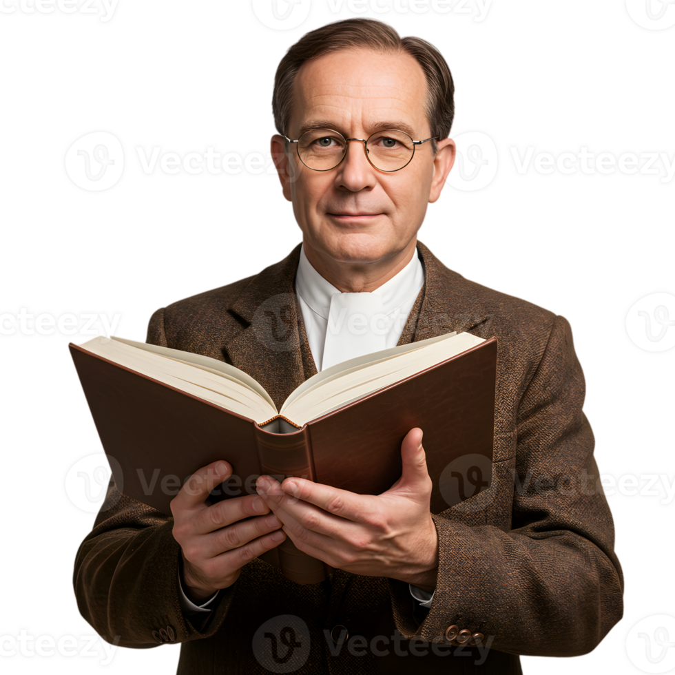 Mature Man in Brown Suit Holding Open Book Studying Wisdom Studio Formal Person Reading Elderly png