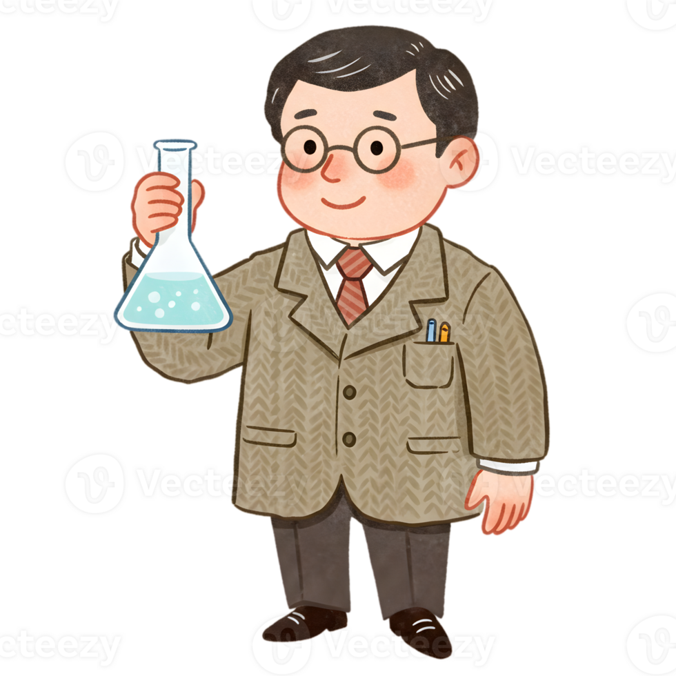 Friendly Cartoon Scientist Holding Beaker Science Experiment Illustration Lab Cute Study Doctor png