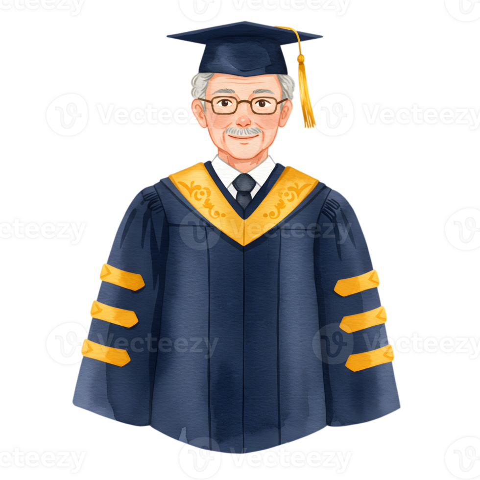 Proud Senior Professor Graduation Portrait Watercolor Illustration Cap Old Gown Wise Happy Elderly png